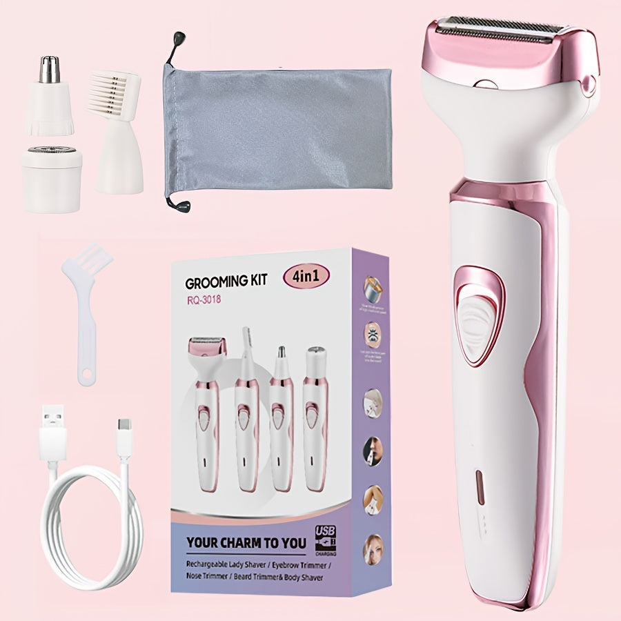 MIGUAN 4-in-1 Rechargeable Electric Shaver Kit for Women - Pink & White, Includes Trimmer, Nose Hair Remover, Eyebrow Shaper, and Underarm Hair Trimmer - Ideal Gift for Women'S Day, Hair Removal Kit|Stylish Shaver Set|Compact