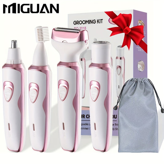 MIGUAN 4-in-1 Rechargeable Electric Shaver Kit for Women - Pink & White, Includes Trimmer, Nose Hair Remover, Eyebrow Shaper, and Underarm Hair Trimmer - Ideal Gift for Women'S Day, Hair Removal Kit|Stylish Shaver Set|Compact