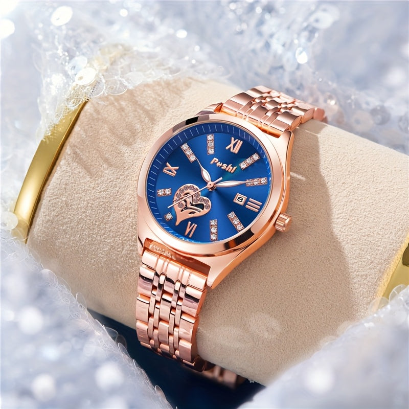 [Romantic Gift] Poshi Women's Elegant Rose Golden Watch with Luminous Hands, Stainless Steel Band, Heart-Shaped Cutout Dial & Roman Numerals - Ideal Valentine's Day Gift, Business Wristwatch|Heartshaped Dial|Luminous Hand Wat