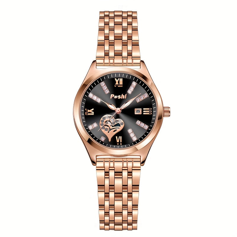 [Romantic Gift] Poshi Women's Elegant Rose Golden Watch with Luminous Hands, Stainless Steel Band, Heart-Shaped Cutout Dial & Roman Numerals - Ideal Valentine's Day Gift, Business Wristwatch|Heartshaped Dial|Luminous Hand Wat