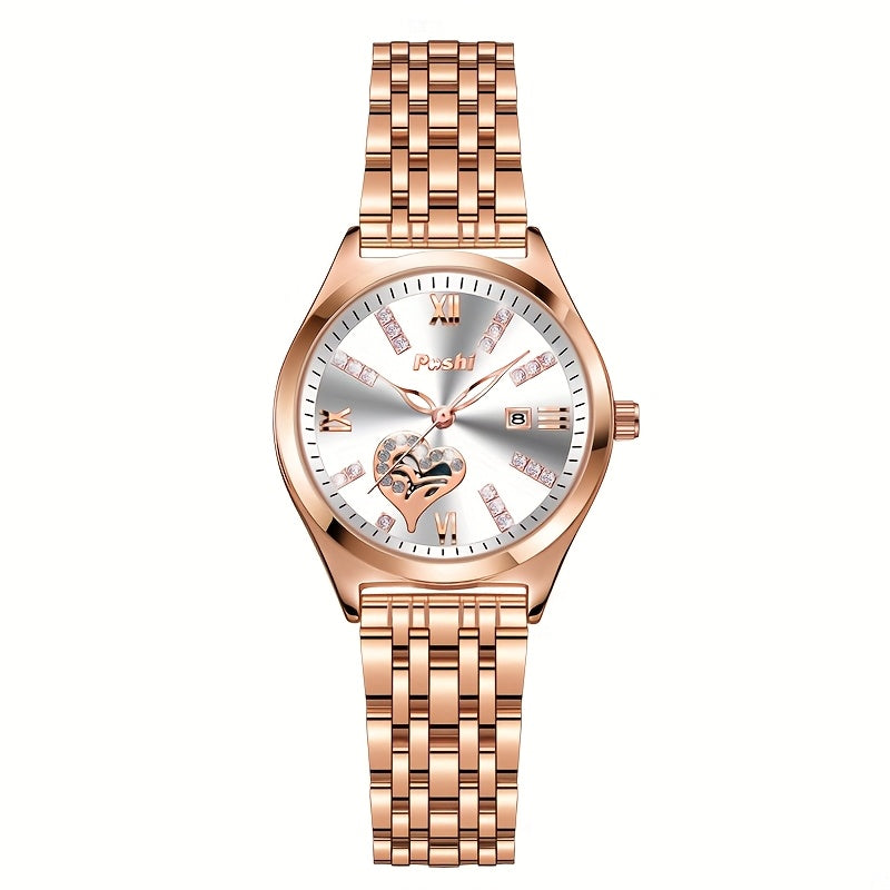 [Romantic Gift] Poshi Women's Elegant Rose Golden Watch with Luminous Hands, Stainless Steel Band, Heart-Shaped Cutout Dial & Roman Numerals - Ideal Valentine's Day Gift, Business Wristwatch|Heartshaped Dial|Luminous Hand Wat