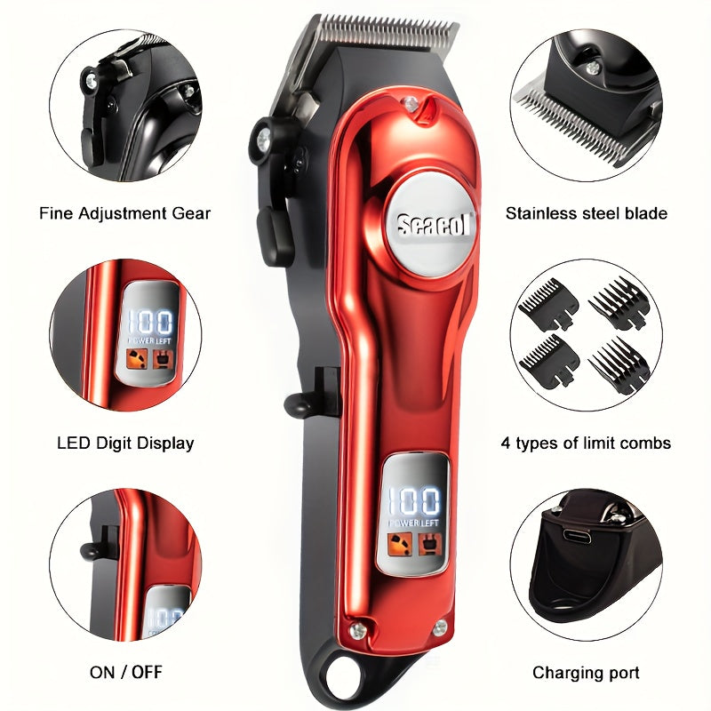 Professional Hair Clippers for Men, Rechargeable Cordless Electric Trimmer, ABS Body, with 900mAh Lithium Battery, USB Charging, LCD Display, Includes Limiting Combs and Cleaning Brush, for Portable Haircut Kit