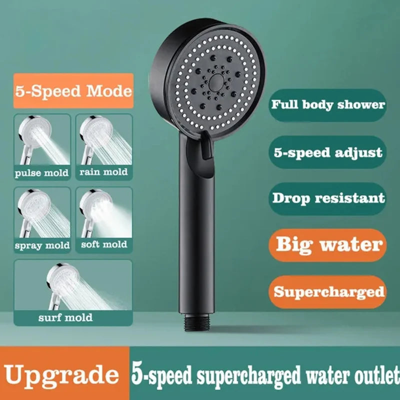 High Pressure Shower Head 5 Modes Adjustable Showerheads with Hose Water Saving One-Key Stop Spray Nozzle Bathroom Accessories