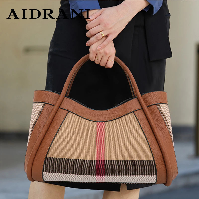 Aidrani  2024 New retro checkered women's handbag, large capacity luxury bag, canvas genuine leather bag