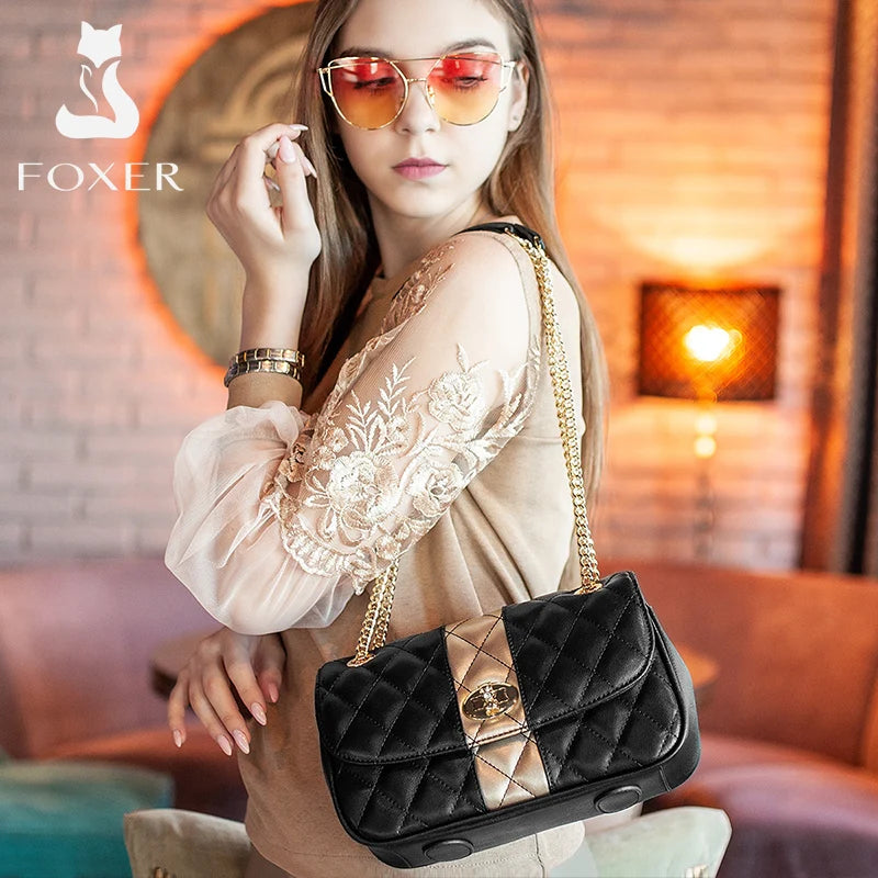 FOXER Women Crossbody Bag Diamond Lattice Handbag Lady Armpit Shoulder Bag Girl's Split Leather Chain Strap Black Messenger Bags