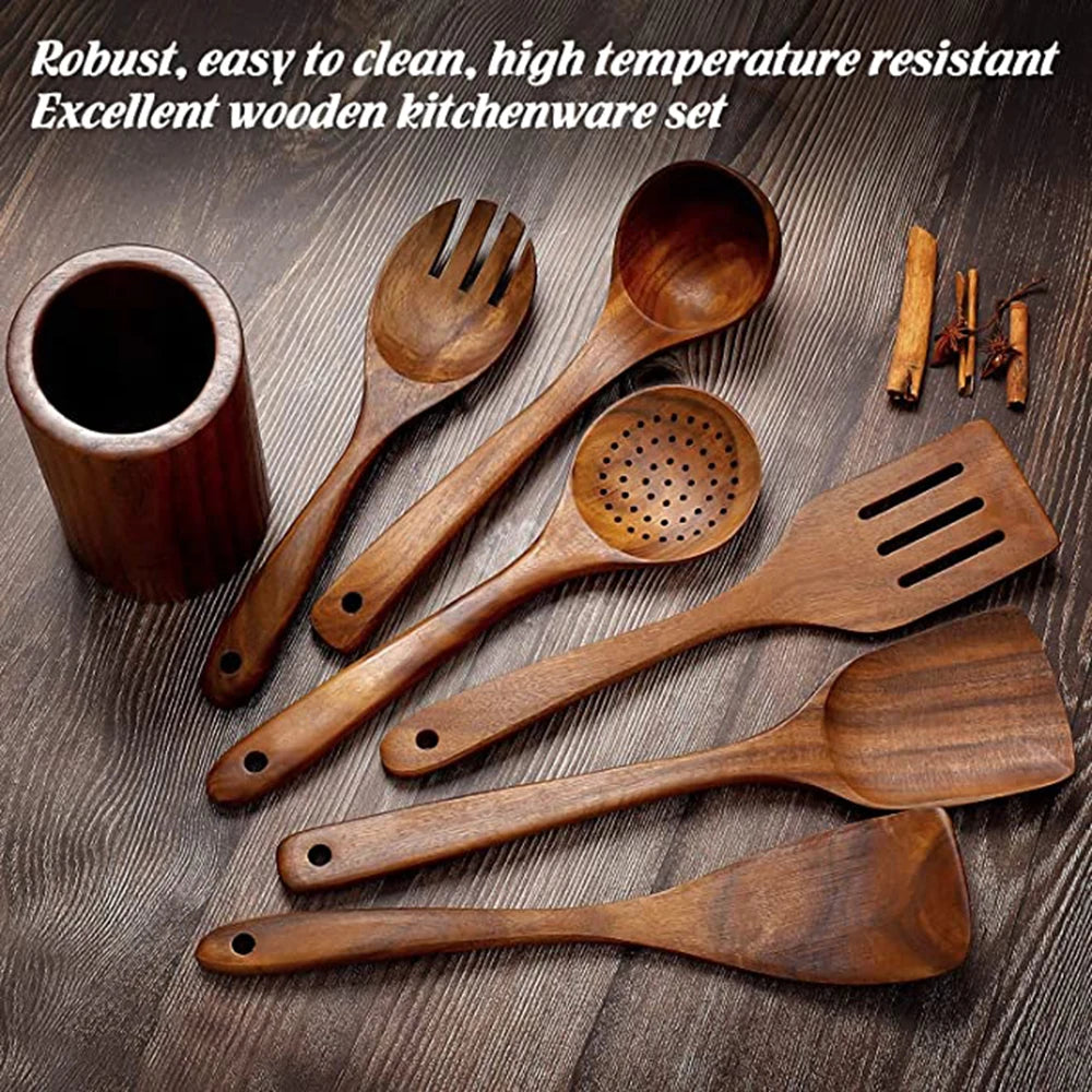 1-9Pcs/set Wooden Kitchen Utensils Set,  Wooden Spoons for Cooking, Utensils,Natural Teak Wooden Spoons For Non-stick Pan Gift