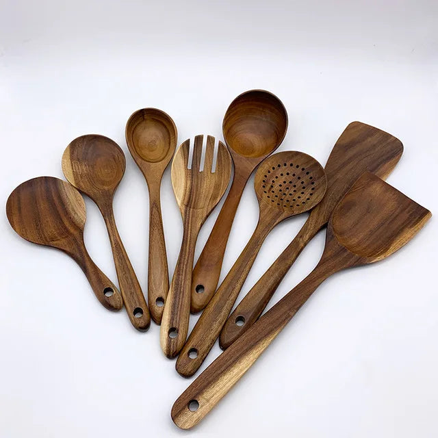 1-9Pcs/set Wooden Kitchen Utensils Set,  Wooden Spoons for Cooking, Utensils,Natural Teak Wooden Spoons For Non-stick Pan Gift