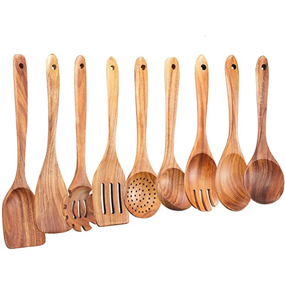 1-9Pcs/set Wooden Kitchen Utensils Set,  Wooden Spoons for Cooking, Utensils,Natural Teak Wooden Spoons For Non-stick Pan Gift