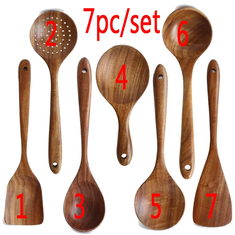 Thailand Teak Natural Wood Tableware Spoon Ladle Turner Long Rice Colander Soup Skimmer Cooking Spoons Scoop Kitchen Tool Set