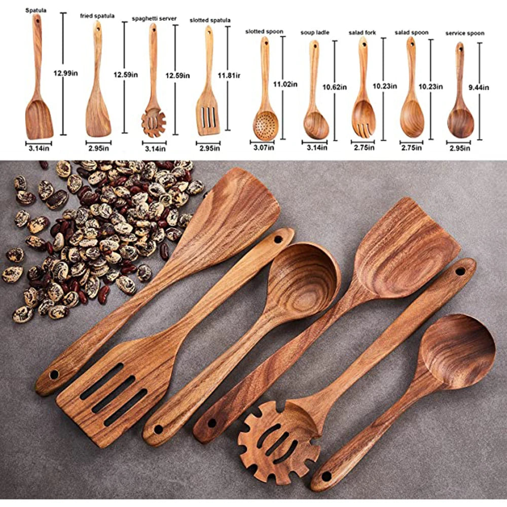 1-9Pcs/set Wooden Kitchen Utensils Set,  Wooden Spoons for Cooking, Utensils,Natural Teak Wooden Spoons For Non-stick Pan Gift