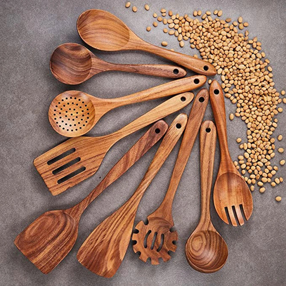 1-9Pcs/set Wooden Kitchen Utensils Set,  Wooden Spoons for Cooking, Utensils,Natural Teak Wooden Spoons For Non-stick Pan Gift