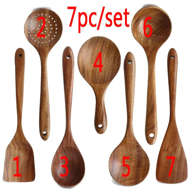 1-9Pcs/set Wooden Kitchen Utensils Set,  Wooden Spoons for Cooking, Utensils,Natural Teak Wooden Spoons For Non-stick Pan Gift