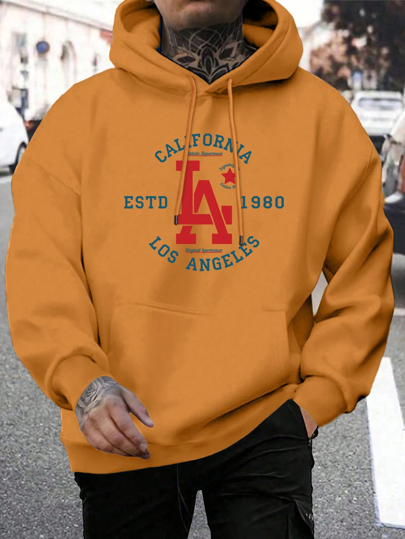 California Estd 1980 Los Angeles Print Mens Pullover Casual Loose Hoody Simple Fleece Man Hooded Street Crewneck Autumn Clothing