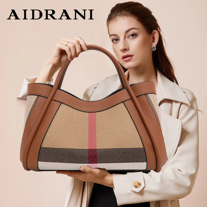 Aidrani  2024 New retro checkered women's handbag, large capacity luxury bag, canvas genuine leather bag