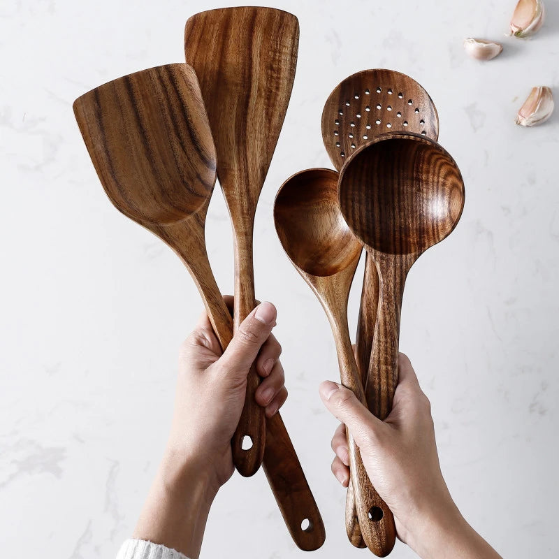 1~9PCS Thailand Teak Natural Wood Tableware Spoon Ladle Turner Long Rice Colander Soup Skimmer Cooking Spoons Scoop Kitchen Tool