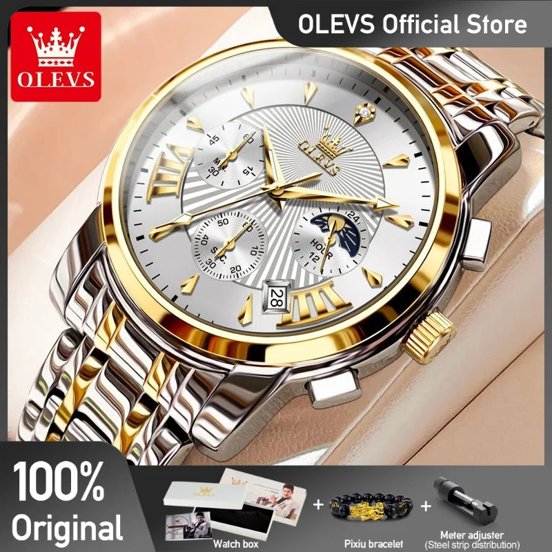 OLEVS Men's Watches Top Brand Multifunctional Chronograph Wristwatch Original Quartz Watch for Man Waterproof Luminous Watch