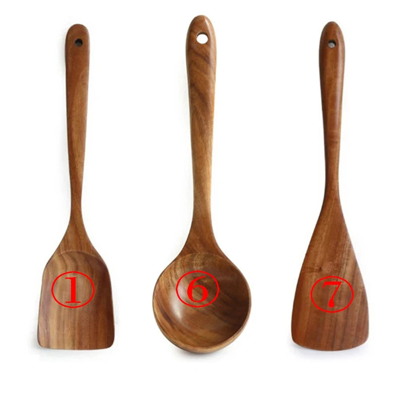 1~9PCS Thailand Teak Natural Wood Tableware Spoon Ladle Turner Long Rice Colander Soup Skimmer Cooking Spoons Scoop Kitchen Tool