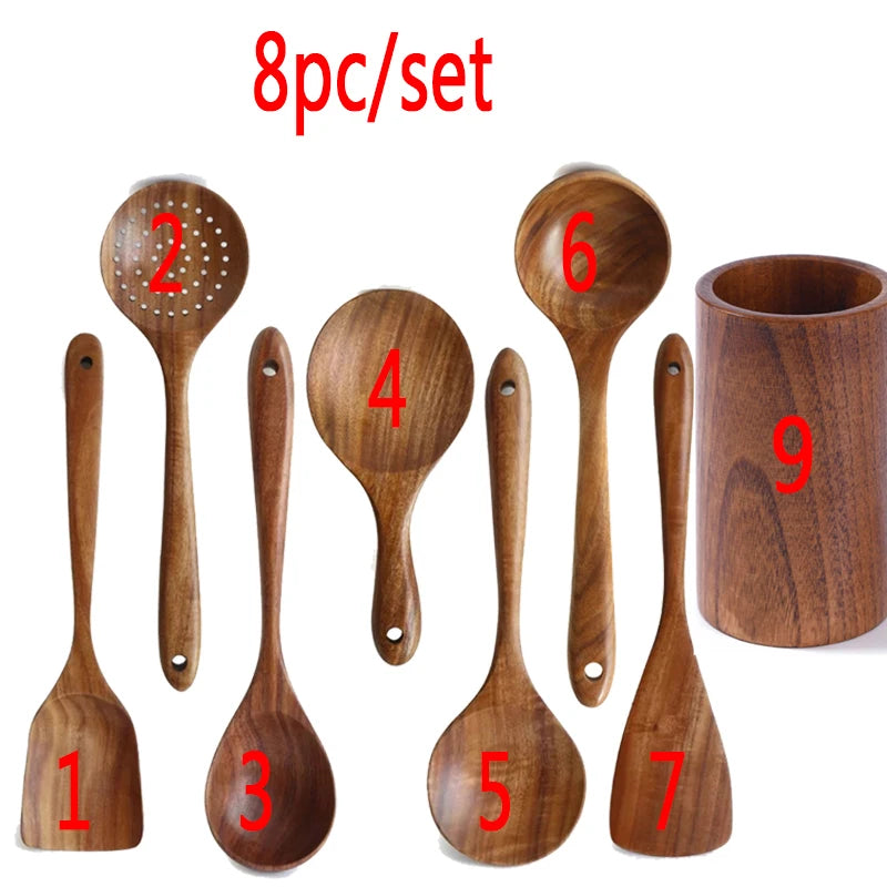 1~9PCS Thailand Teak Natural Wood Tableware Spoon Ladle Turner Long Rice Colander Soup Skimmer Cooking Spoons Scoop Kitchen Tool