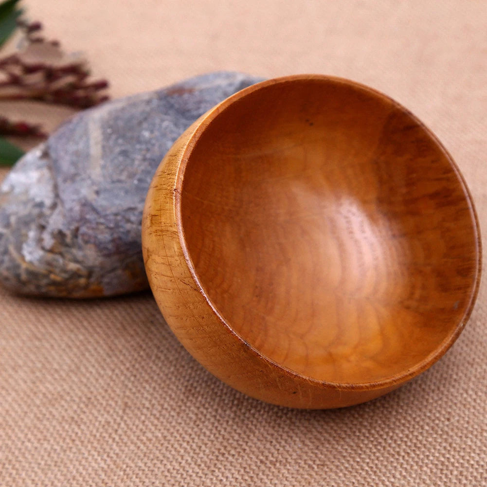 Natural Round Wooden Bowl Soup Salad Noodle Rice Fruit Shock-proof Handicraft Holder Kitchen Handmade Wood Bowl For Kids