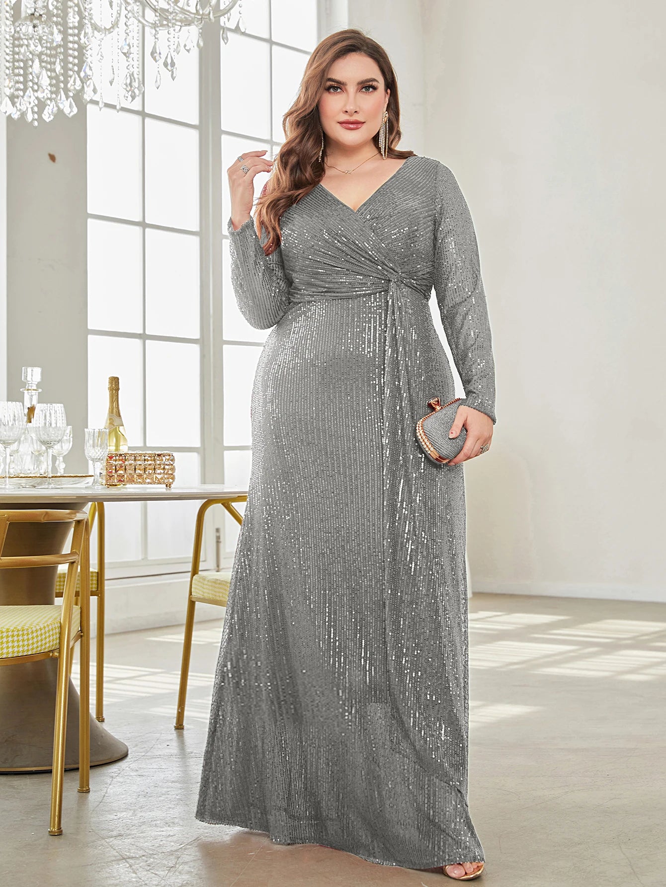 XUIBOL Glamorous sequin party dress with a luxurious V-neck and long sleeves evening gown.