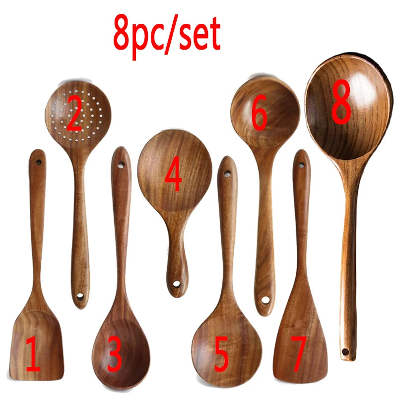 1~9PCS Thailand Teak Natural Wood Tableware Spoon Ladle Turner Long Rice Colander Soup Skimmer Cooking Spoons Scoop Kitchen Tool