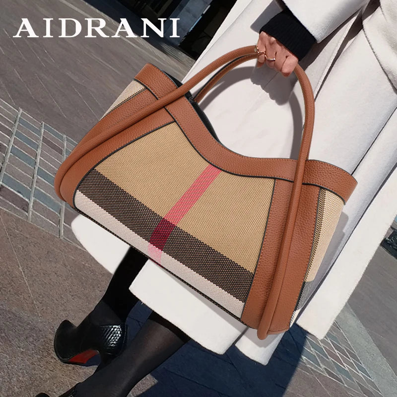 Aidrani  2024 New retro checkered women's handbag, large capacity luxury bag, canvas genuine leather bag