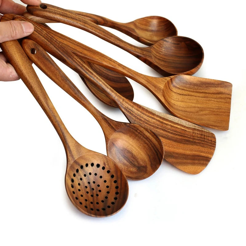 1~9PCS Thailand Teak Natural Wood Tableware Spoon Ladle Turner Long Rice Colander Soup Skimmer Cooking Spoons Scoop Kitchen Tool