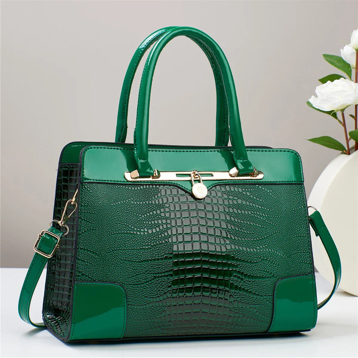 Crocodile Pattern Handbag, Women Large Capacity Crossbody Bag, Fashion Glossy Satchel Purse