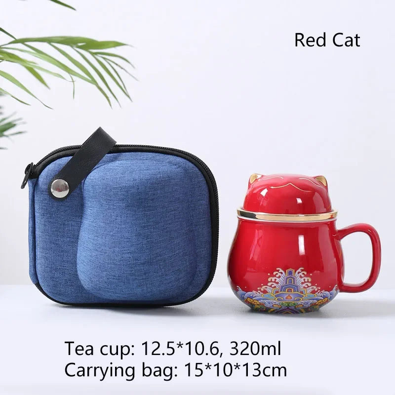 Portable Porcelain Cloisonne Tea Mugs Creative Cat Ceramic Tea Cup Set Pot with Strainers Cute Cat/Mouse Teapots