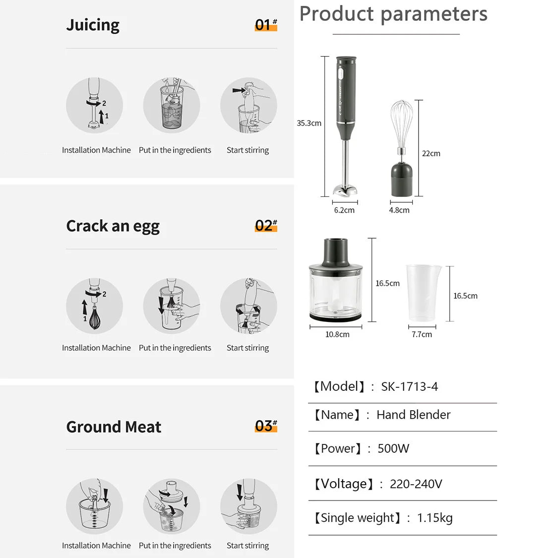 4-In-1 Handheld Blender Set, Including Multi-Function Stick Blender, Whisk, Chopper And Beaker, Suitable For Food Processing & B