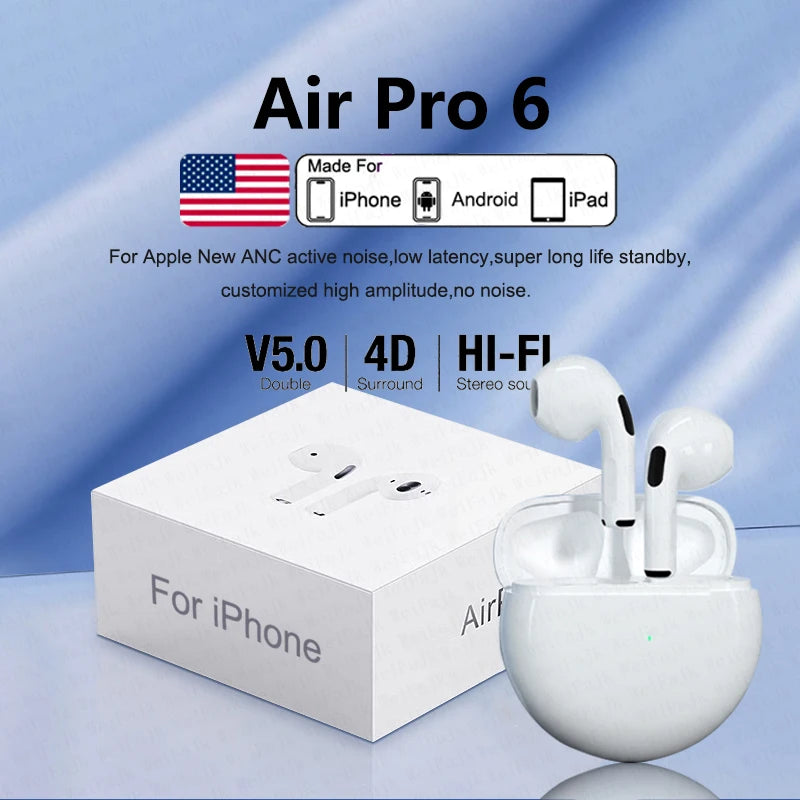 Original Pro 6 TWS Max Wireless Bluetooth Earphones Mini Earbuds Noise Cancelling Headset For Airpodding Apple iPhone Headphones