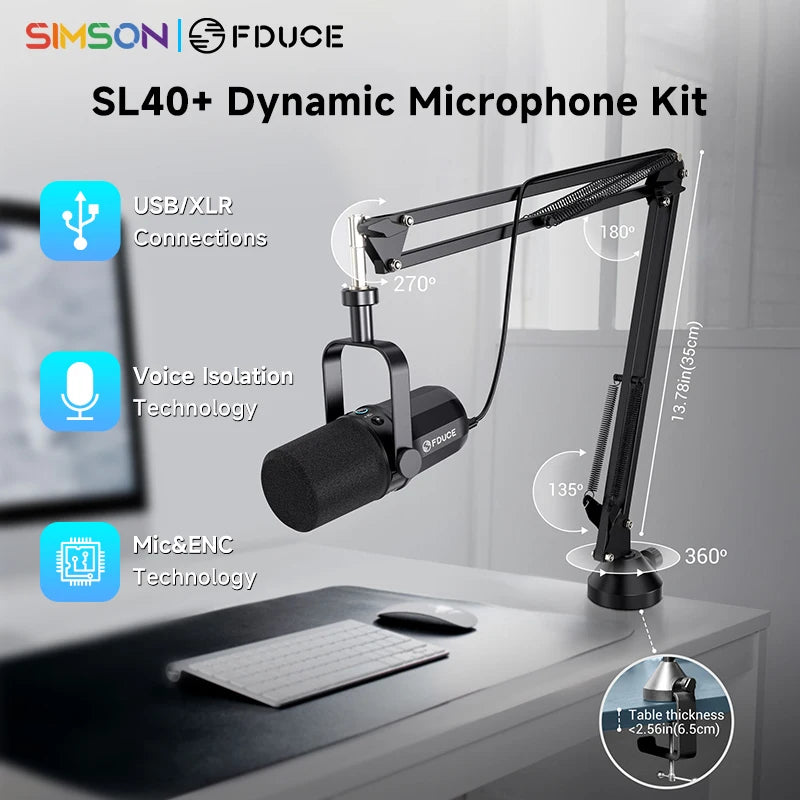 FDUCE SL40+ USB/XLR Dynamic Microphone Kit With Built-in Headset Output / Sound Insulation/Arm Stand,For PC PS5/4 Mixer