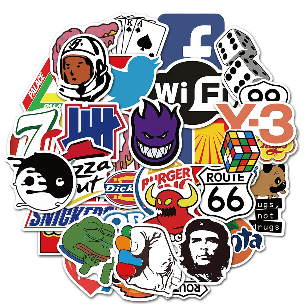 10/30/50/100Pcs Cool Fashion Brand Logo Stickers DIY Skateboard Laptop Luggage Bike Motorcycle Phone Car Cool Sticker Decal Toys