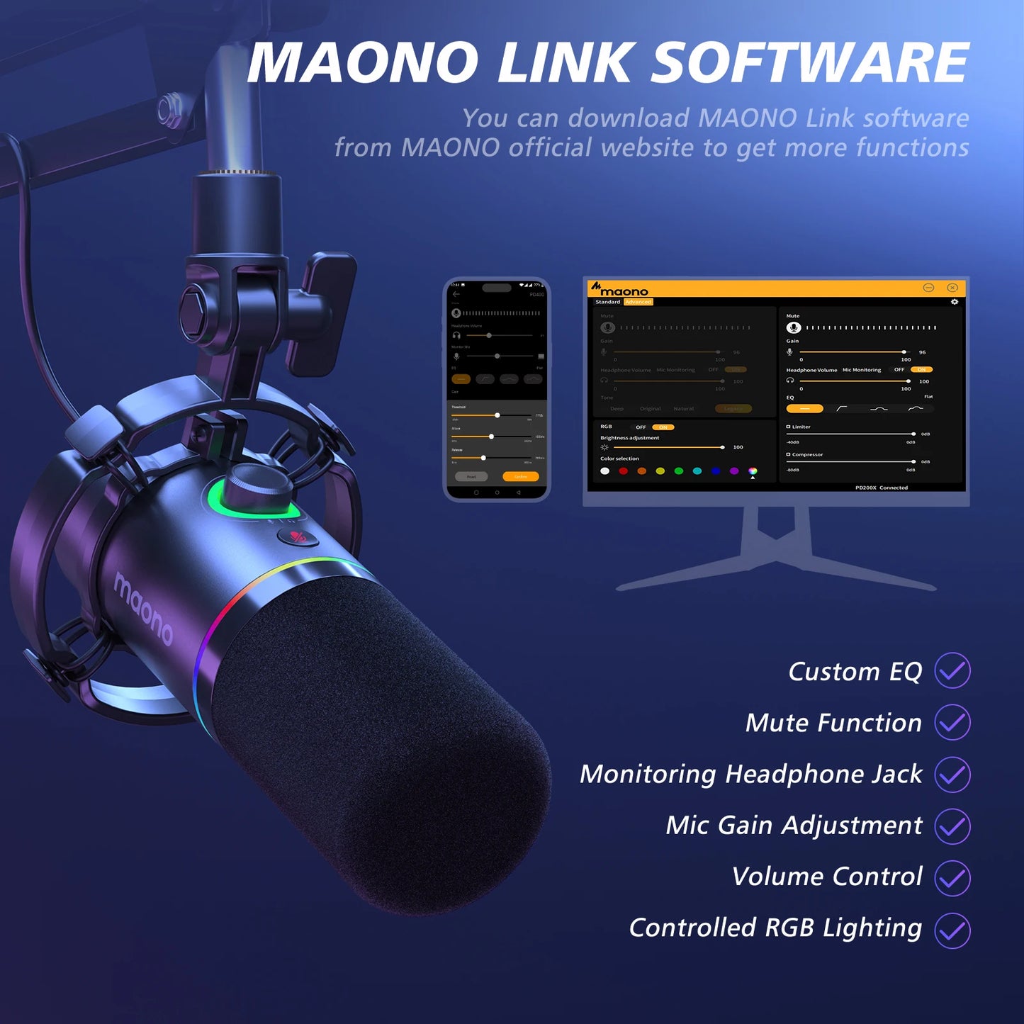 Maono PD200XS Dynamic Microphone XLR/USB Dual mode Dynamic Mic Podcast Mic with Maonolink Software and Gain Knob for Recording