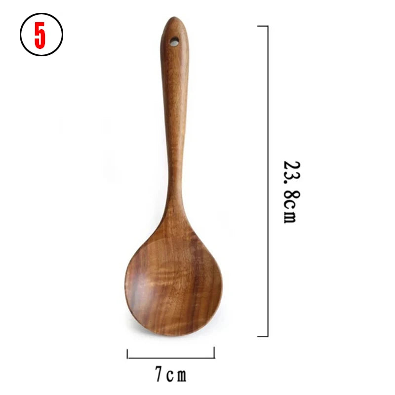 1~9PCS Thailand Teak Natural Wood Tableware Spoon Ladle Turner Long Rice Colander Soup Skimmer Cooking Spoons Scoop Kitchen Tool