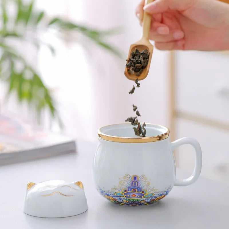 Portable Porcelain Cloisonne Tea Mugs Creative Cat Ceramic Tea Cup Set Pot with Strainers Cute Cat/Mouse Teapots