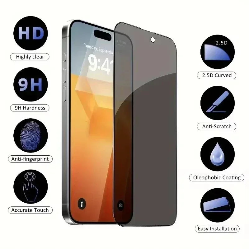 5Pcs Full Cover Privacy Screen Protector For iPhone 16 11 12 13 14 Pro Max Mini 8K Anti-spy Glass For iPhone 15 PRO XR X XS MAX