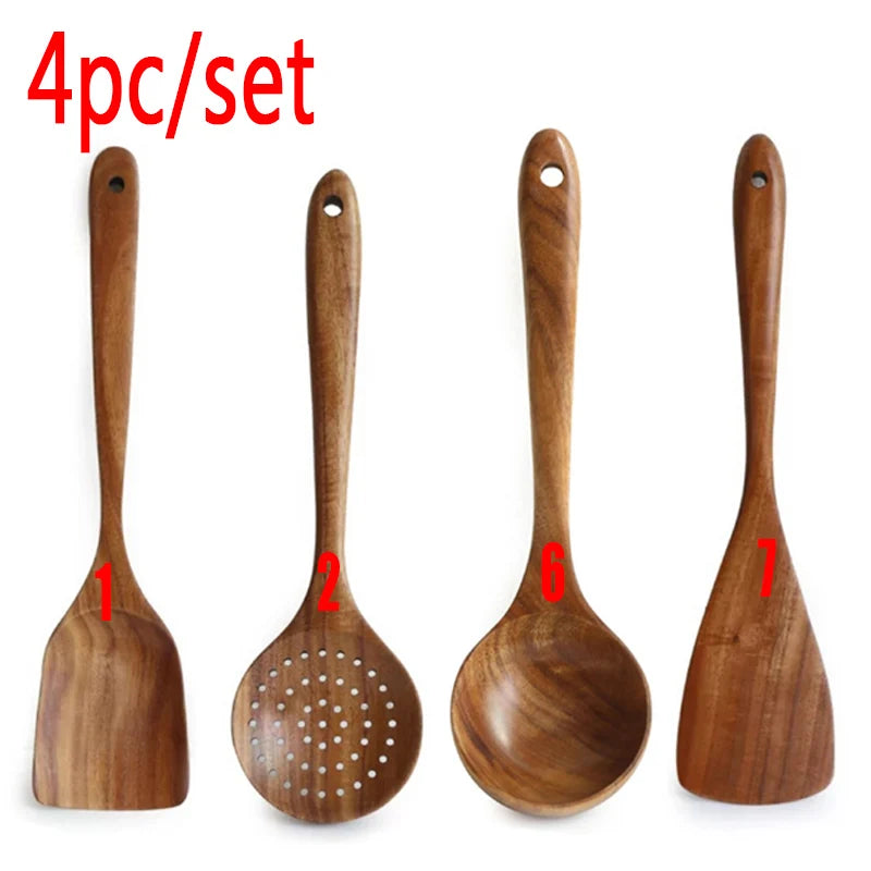 1~9PCS Thailand Teak Natural Wood Tableware Spoon Ladle Turner Long Rice Colander Soup Skimmer Cooking Spoons Scoop Kitchen Tool