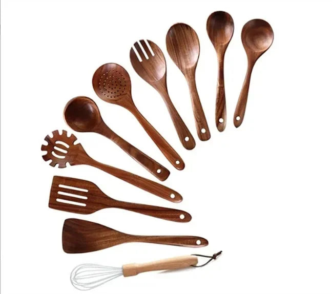 Natural Teak Cooking Spoon Scoop Kitchen Wooden Spatula Non-stick Utensils Set For Cooking With Hanging Hooks Cookware Tool Set