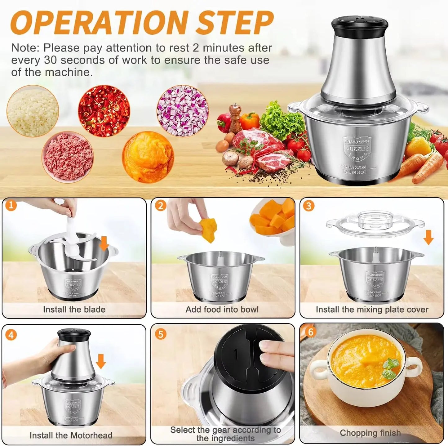 NEW Food Chopper Stainless Steel 2L Electrical Food Processor Meat Grinder Blender Mixer Machine Kitchen Appliances,EU Plug