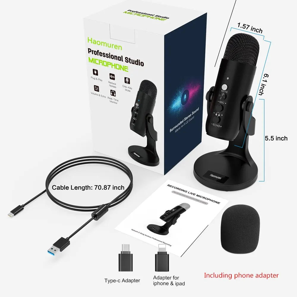 Haomuren USB Microphone for PC Mac Gaming Recording Stream Podcast, Computer Condenser Mic with Phone Adapter Headphone Output