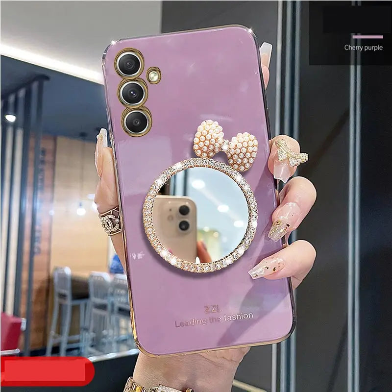 Make Up Mirror Diamond Bling Phone Case For Samsung Galaxy A05 A05S A14 A54 A04 A34 A24 M14 4G 5G Stand Cover