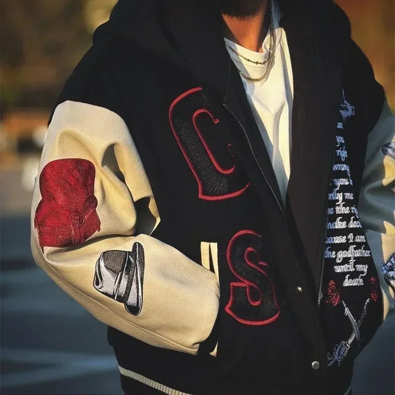 Heavy Embroidered Jacket Tide Brand Closed Sunday American Retro HipHop Baseball Letter Embroidered Jacket Street Loose Coat Man