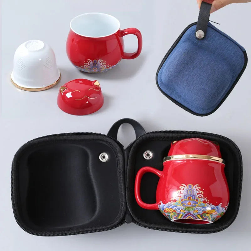 Portable Porcelain Cloisonne Tea Mugs Creative Cat Ceramic Tea Cup Set Pot with Strainers Cute Cat/Mouse Teapots