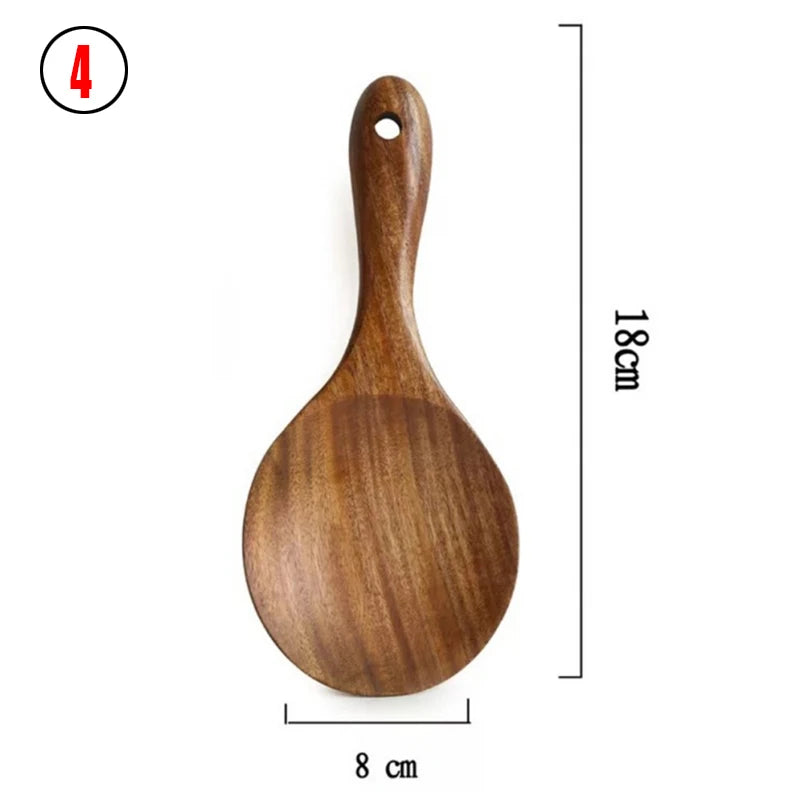 1~9PCS Thailand Teak Natural Wood Tableware Spoon Ladle Turner Long Rice Colander Soup Skimmer Cooking Spoons Scoop Kitchen Tool