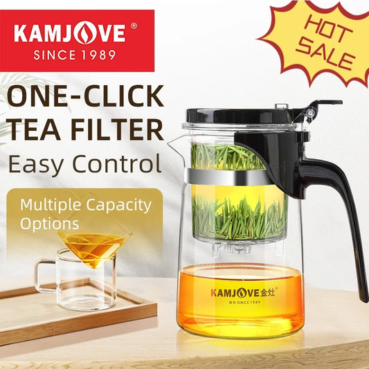 KAMJOVE Teapot Infuser Glass Tea Set One-button Filtering Tea Separation Kettle Tea Coffee Maker Press AUTO-OPEN Art Tea Cup