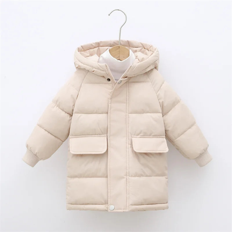 Boys Girls Warm Down Coat Kids Thickened Hooded Jackets Children's Winter Cotton Clothing Solid Colour Casual Parkas 3-10 Years