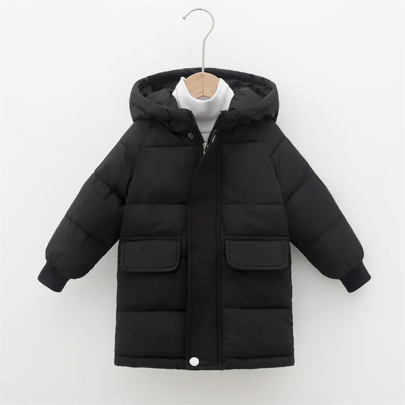 Boys Girls Warm Down Coat Kids Thickened Hooded Jackets Children's Winter Cotton Clothing Solid Colour Casual Parkas 3-10 Years