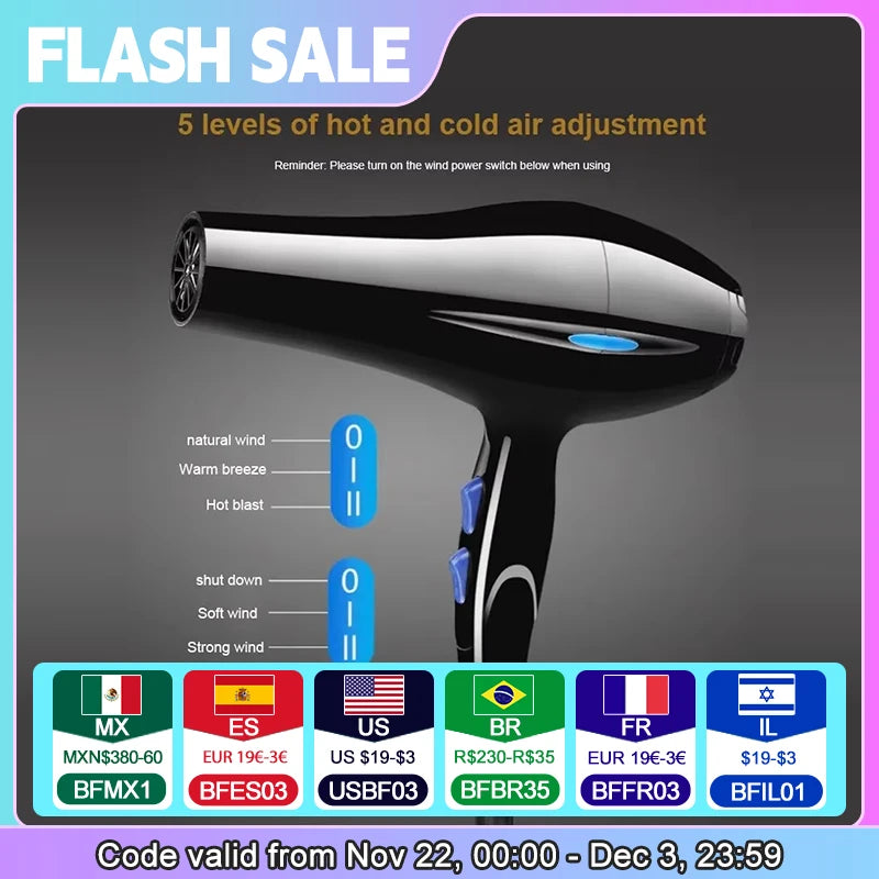 Professional negative ion hair dryer, quick drying, hot and cold air, with concentrated air nozzle, suitable for home use