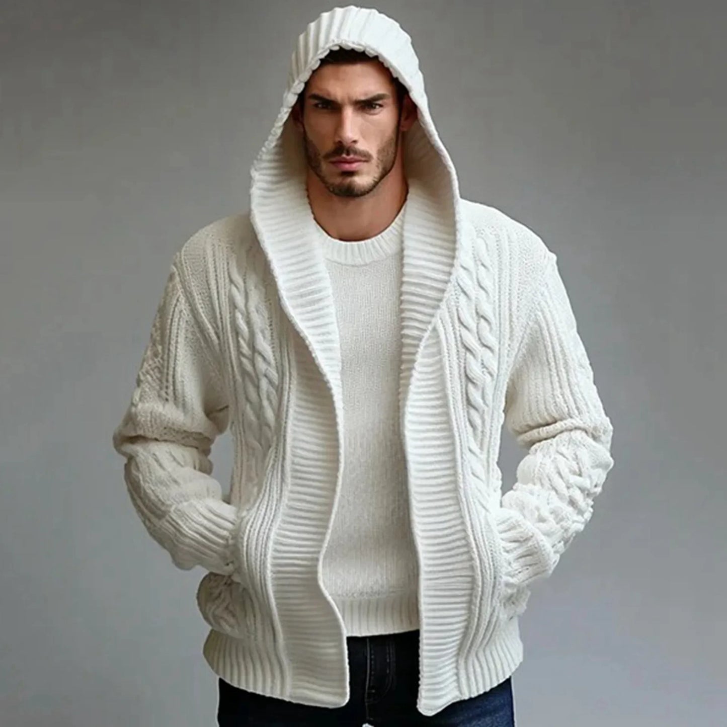 Men Cardigan Sweaters Hooded Coat Full Sleeve Solid Coats Casual Loose Outerwear Splice Open Stitch Autumn Winter 2024